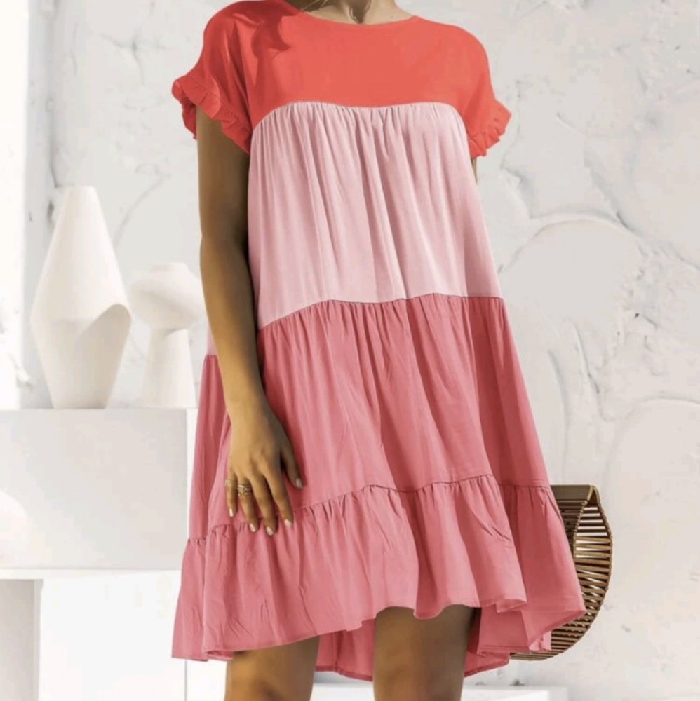 SHEIN Contrast Panel Flounce Sleeve Smock Dress